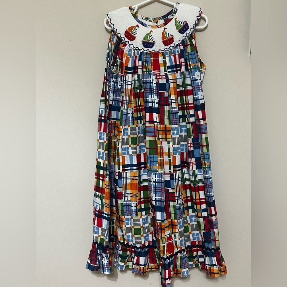 "Banana Split” Nautical Plaid Smocked Dress  size 6